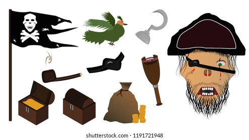 Pirate symbols set cap hook chest full of gold vector illustration