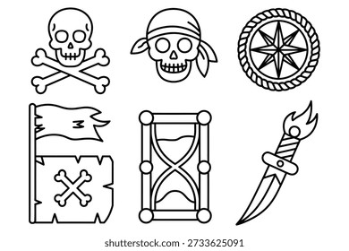 Pirate symbols skull bones compass hourglass dagger flag