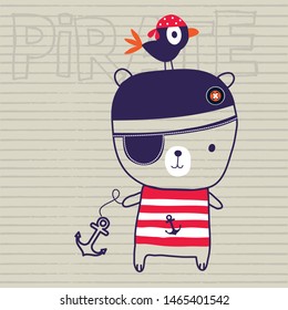 pirate teddy bear with bird vector illustration