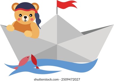 Ursinho de pelúcia pirata dentro de barco de papel origami