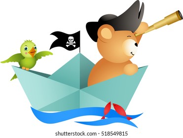 Pirate teddy bear on boat with bird
