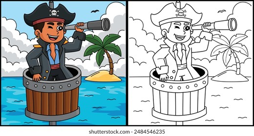 Pirate with Telescope Coloring Page Illustration