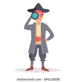 Pirate with telescope. Vector. Cartoon. Isolated art on white background. Flat. 