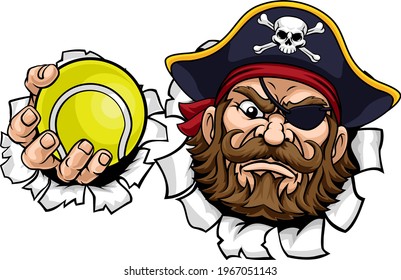 A pirate tennis sports mascot cartoon character holding a ball 