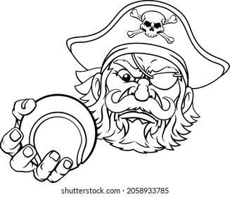 A pirate tennis sports mascot cartoon character holding a ball 