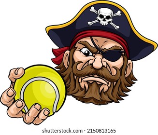 A pirate tennis sports mascot cartoon character holding a ball 