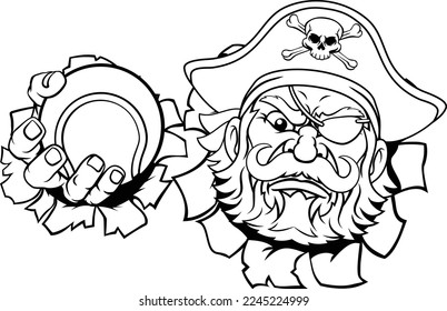 A pirate tennis sports mascot cartoon character holding a ball 