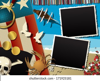 Pirate theme abstract collage with empty photo frames and various objects