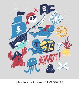Pirate theme hand drawn vector ilLustrations with pirate theme