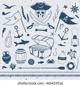 pirate theme nautical illustrations, vector set with pirate, flags, treasure box, shark, starfish, lamp, letter in a bottle and other