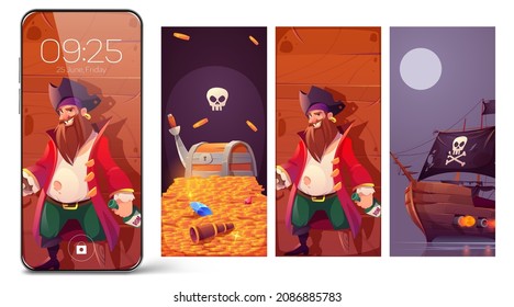 Pirate theme for smartphone screensaver with captain, treasure chest on pile of gold coins and wooden ship with black sails and flag. Vector cartoon illustrations for mobile phone screen