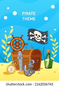 Tema pirata con cofre de tesoros en el fondo de arena del mar. Antiguo pecho de madera, bandera pirata, rueda de barco y brújula entre algas. Banner del partido pirata, vector de dibujos animados de diseño de interfaz de juego