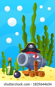 Pirate theme. Vector cartoon cannon with cannonball, bottle of papyrus, pirate hat at depths of sea, among the sand under water. View of underwater world, ancient treasures vector