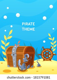 Piratenthema. Vektorkartoon Schatztruhe am Meeresboden, Lenkrad, Anker in den Tiefen des Meeres, unter dem Sand unter Wasser. Blick auf die Unterwasserwelt, alte Schätze, Münzen und Schmuck.