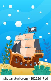 Pirate theme. Vector cartoon treasure pirate map of ocean, steering wheel, anchor at depths of sea, among the sand under water. View of underwater world, ancient treasures, coins and jewelry vector