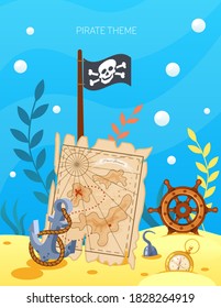 Piratenthema. Vektorkartoon Schatz Piratenkarte des Ozeans, Lenkrad, Anker in den Tiefen des Meeres, unter dem Sand unter Wasser. Aussicht auf Unterwasserwelt, alte Schätze, Münzen und Schmuckvektor