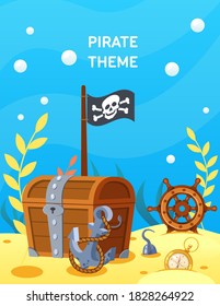 Pirate theme. Vector cartoon treasure chest at bottom of ocean, steering wheel, anchor at depths of sea, among the sand under water. View of the underwater world, ancient treasures, coins and jewelry.