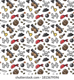 Pirate theme vector seamless pattern. Creative doodle style pattern with pirates cannon, cocked hat, backsword, skull with bones, cannonballs, gold coins, etc.
