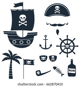 Pirate theme vector silhouettes set (ship, hat, flag, anchor, rome bottle, eye patches, palm tree)