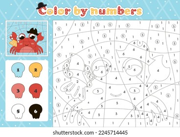 Pirate themed coloring page by number for kids with cute animal character crab