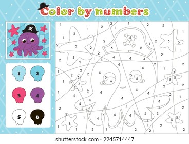Pirate themed coloring page by number for kids with cute animal character octopus