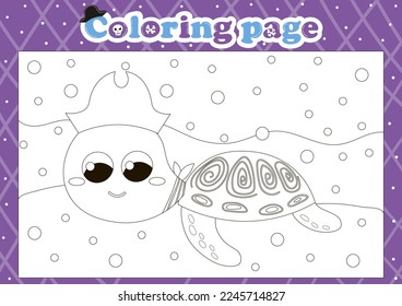 Pirate themed coloring page for kids with cute animal character turtle, printable worksheet for children books