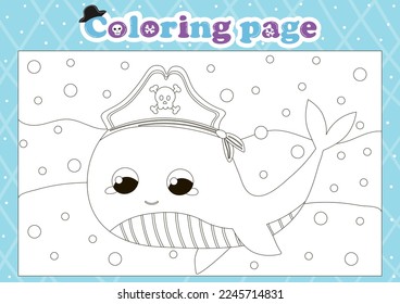 Pirate themed coloring page for kids with cute animal character whale, printable worksheet for children books