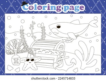 Pirate themed coloring page for kids with cute animal characters and chest with coins, printable worksheet for children books