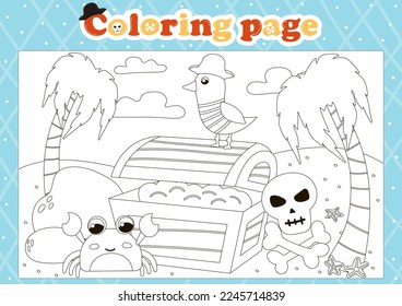 Pirate themed coloring page for kids with cute animal characters and chest with coins, printable worksheet for children books