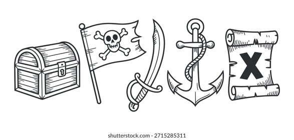Conjunto de doodle temático pirata con un cofre del tesoro, bandera, espada, ancla y mapa enrollado.