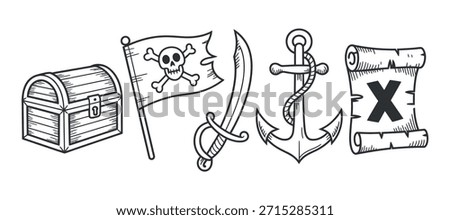Pirate themed doodle set featuring a treasure chest, flag, sword, anchor, and rolled map.