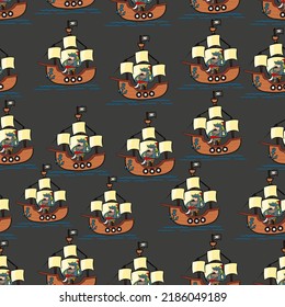 Pirate themed vector seamless pattern on a dark background. Pirate on the ship, marine life.