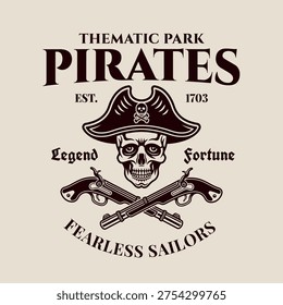 Pirate themed vintage vector emblem with skull and crossed pistols in engraving style. Perfect for adventure parks, pirate events, entertainment branding and retro labels