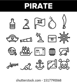 Pirate Things Collection Elements Icons Set Vector Thin Line. Pirate Triangle Hat And Sabre, Skull With Bandanna And Bones Concept Linear Pictograms. Monochrome Contour Illustrations