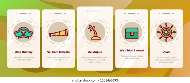Pirate Things Onboarding Mobile App Page Screen Vector Thin Line. Pirate Triangle Hat And Sabre, Skull With Bandanna And Bones Concept Linear Pictograms. Contour Illustrations