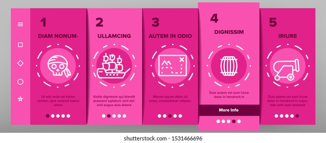 Pirate Things Onboarding Mobile App Page Screen Vector Thin Line. Pirate Triangle Hat And Sabre, Skull With Bandanna And Bones Concept Linear Pictograms. Contour Illustrations