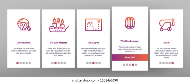 Pirate Things Onboarding Mobile App Page Screen Vector Thin Line. Pirate Triangle Hat And Sabre, Skull With Bandanna And Bones Concept Linear Pictograms. Contour Illustrations
