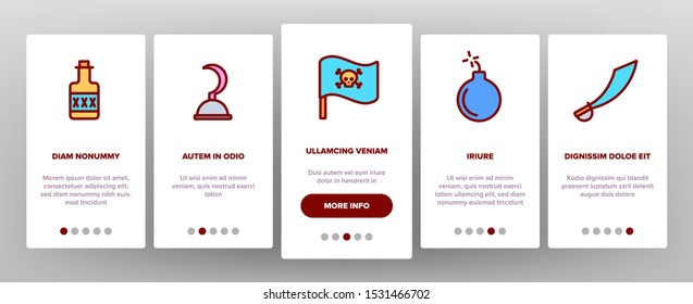 Pirate Things Onboarding Mobile App Page Screen Vector Thin Line. Pirate Triangle Hat And Sabre, Skull With Bandanna And Bones Concept Linear Pictograms. Contour Illustrations