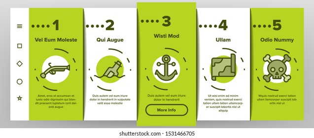 Pirate Things Onboarding Mobile App Page Screen Vector Thin Line. Pirate Triangle Hat And Sabre, Skull With Bandanna And Bones Concept Linear Pictograms. Contour Illustrations