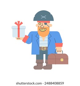 Pirate three quarters holding gift box holding suitcase and smiling. Vector character