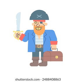 Pirate three quarters holding saber holding suitcase and smiling. Vector character