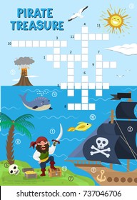 Pirate treasure adventure crossword puzzle maze education game for children about pirates find map sea labyrinth vector illustration