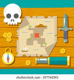 Pirate Treasure Adventure Game RPG Map Action Knife Gagger Spyglass Skull Compass Icon Symbol Wood Table Background Concept Flat Design Vector Illustration