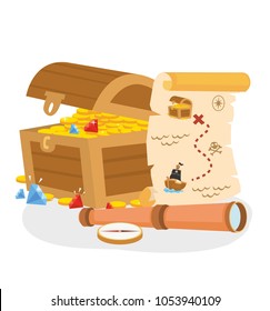 Pirate treasure box with map and telescope