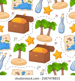 Pirate treasure in cartoon style on white background seamless pattern.