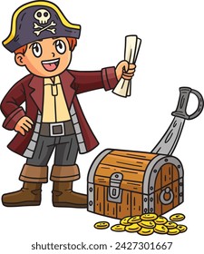 Pirate and Treasure Chest Cartoon Colored Clipart