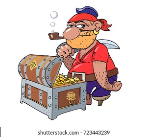 Pirate and treasure chest, cartoon image. Artistic freehand drawing.
