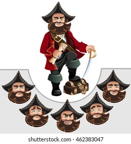 Pirate with treasure chest and different emotions