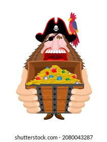 Pirate and treasure chest. Filibuster and box of gold. buccaneer vector illustration