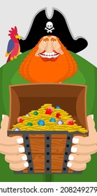 Pirate and treasure chest. Filibuster and box of gold. buccaneer vector illustration